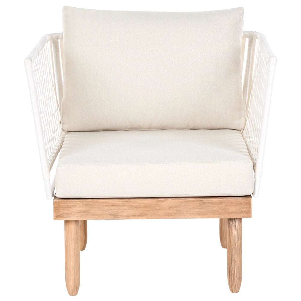 Set Lounge da Esterno in Legno di Acacia con Cuscini Bianchi Poltrona in Rattan Sintetico e Tavolino 4 Posti Destro
