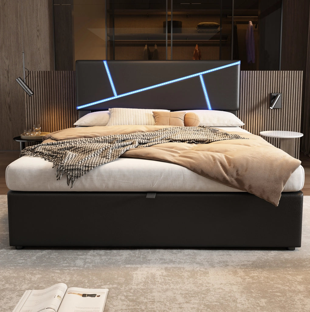Letto matrimoniale imbottito con LED e contenitore 140x200 cm; in PU nero