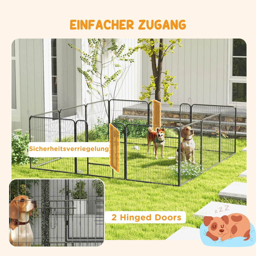 Area giochi configurabile per cani con 12 pannelli e 2 porte pieghevole per interni ed esterni in acciaio grigio