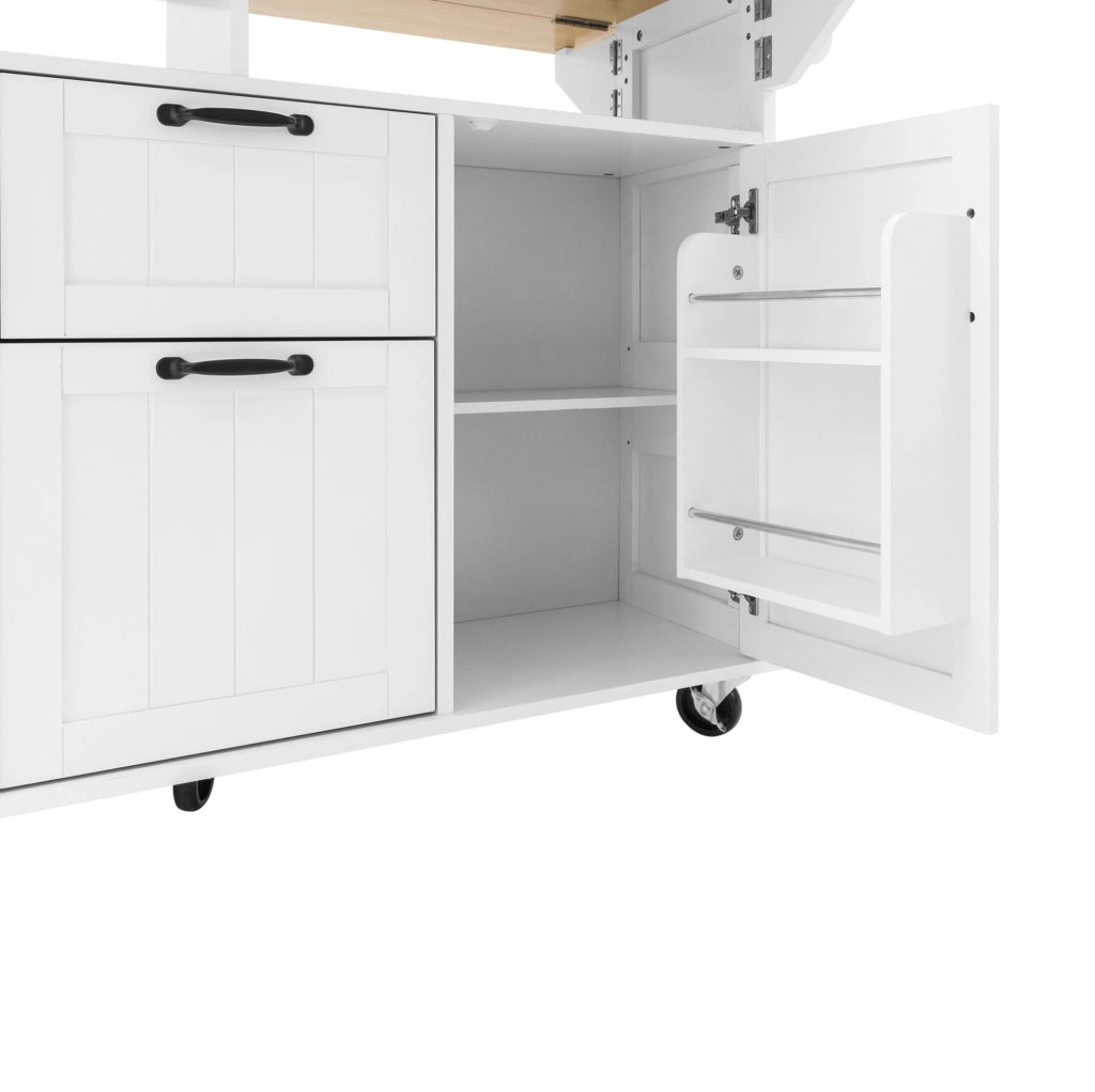 Isola cucina 120x40-60-80x92 cm con piano pieghevole e prese; in MDF; bianco e naturale