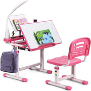 Set Scrivania e Sedia per Bambini 3-12 Anni, Altezza e Angolo Regolabile e Multifunzionale, Con Lampada di Protezione per gli Occhie Cornice per la Lettura (ROSA)