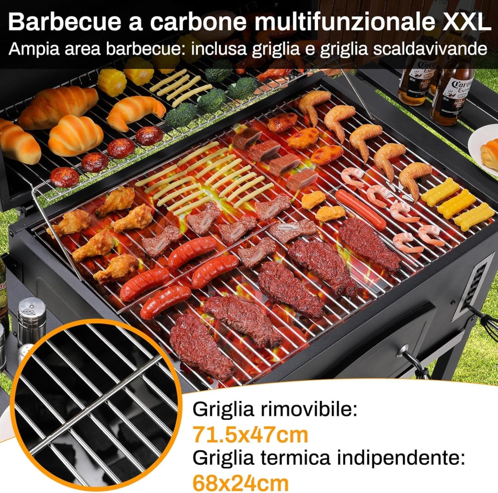 Barbecue a Carbonella XXL, Griglia per Barbecue con Camino e Coperchio, con Termometro e 2PCS Ruotes, Altezza Regolabile, Grande BBQ Smoker per Giardino, Campeggio