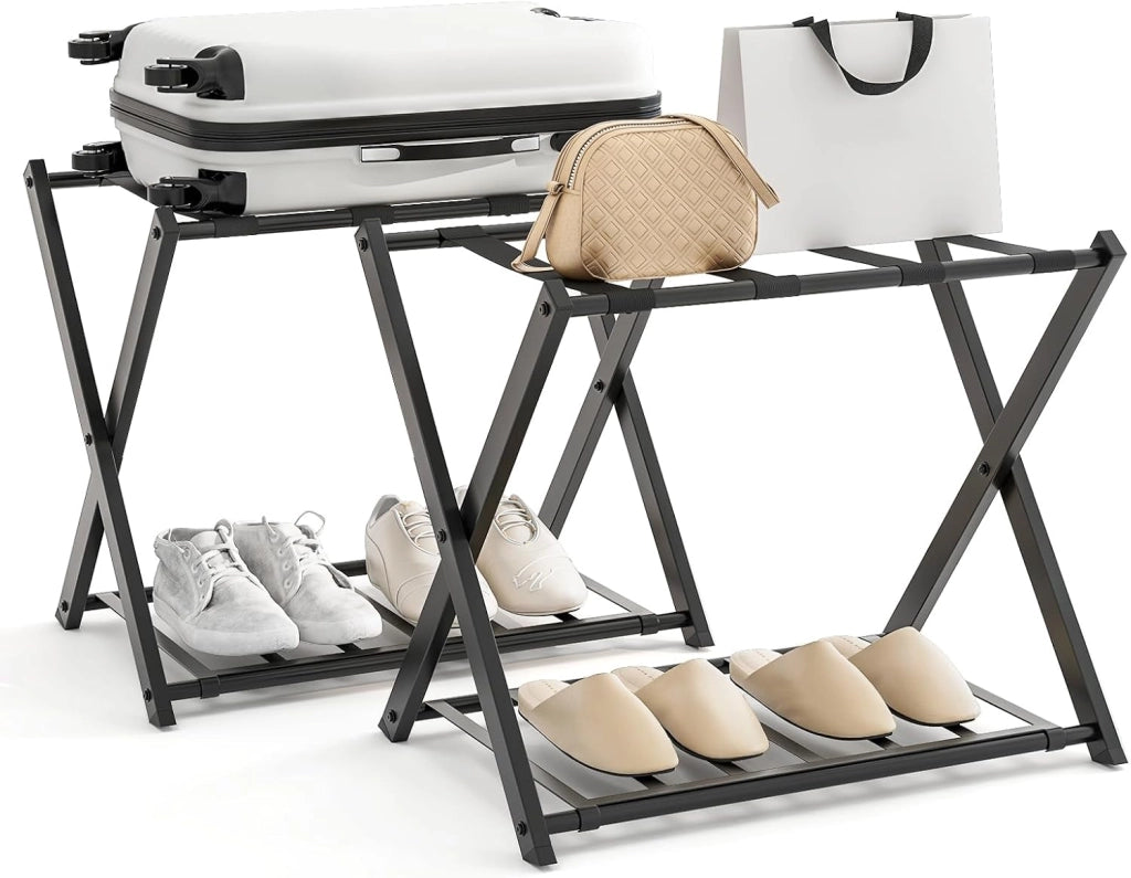 2 Pz di Portavaligia Pieghevole, Portata 70 kg, a 2 Ripiani, con Scarpiera, Struttura in Ferro, Multiuso Salvaspazio, Ideale per Viaggio e Hotel, 63,5x44x67 cm, 2 Colori (Nero)
