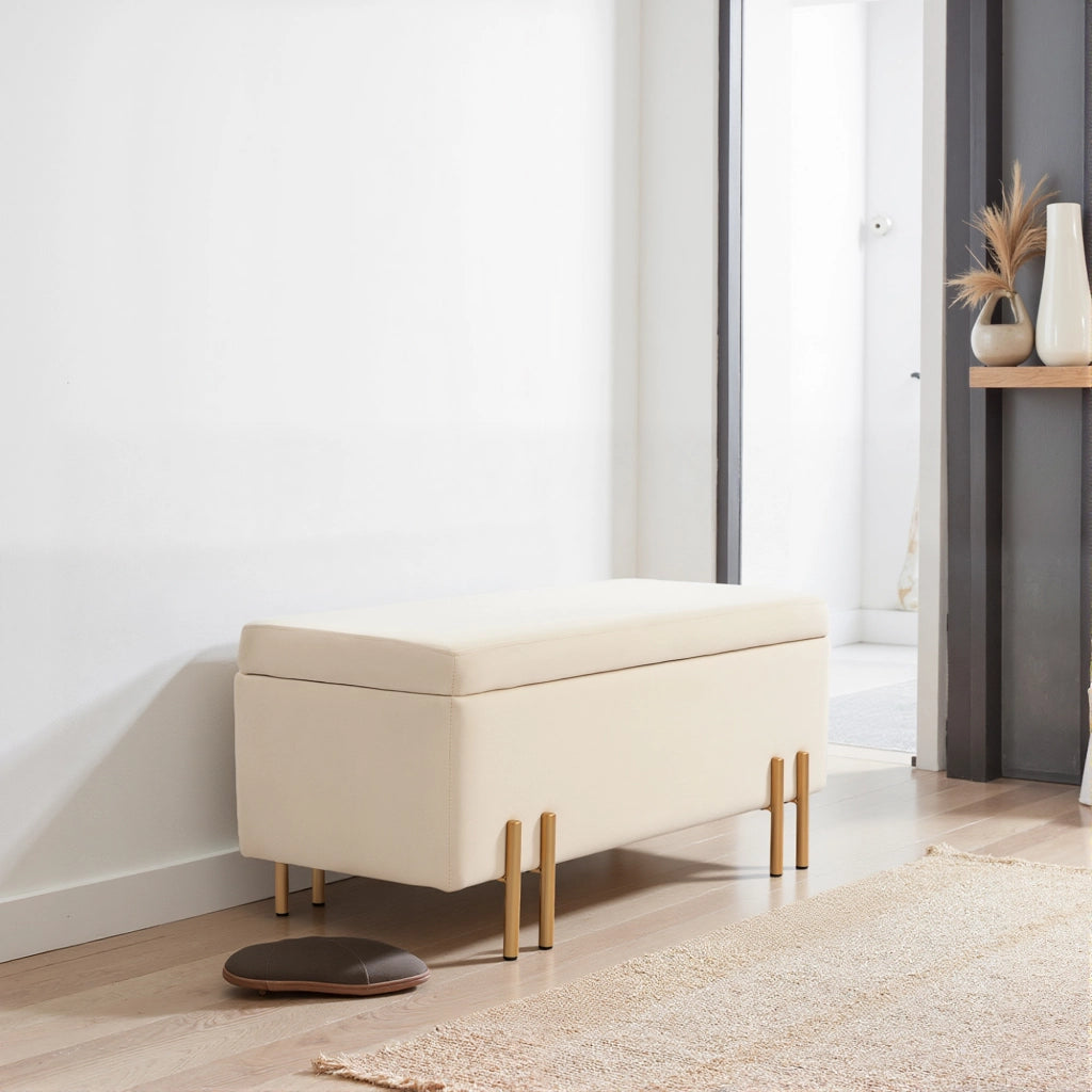 Panca Fondo Letto Moderna con Spazio Contenitore Interno. in Poliestere Beige. 100x40x42 cm