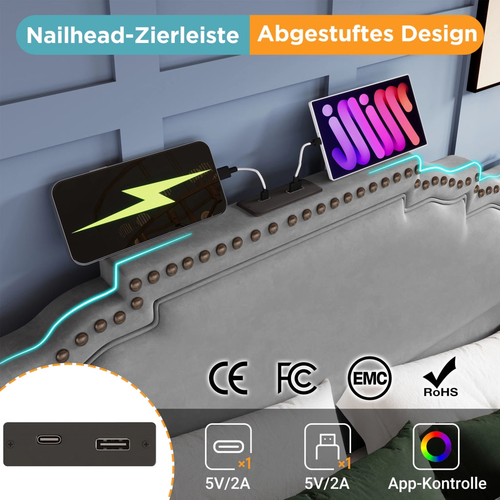 Letto matrimoniale in velluto grigio 180x200 4 cassetti LED USB-C doghe
