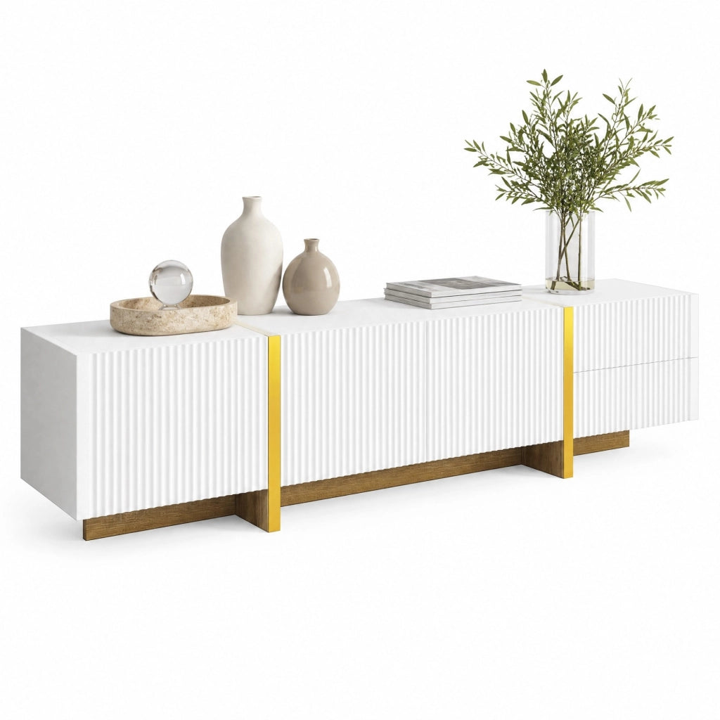 Mobile TV 190x35x45 cm con 3 ante e 2 cassetti in MDF; bianco e oro