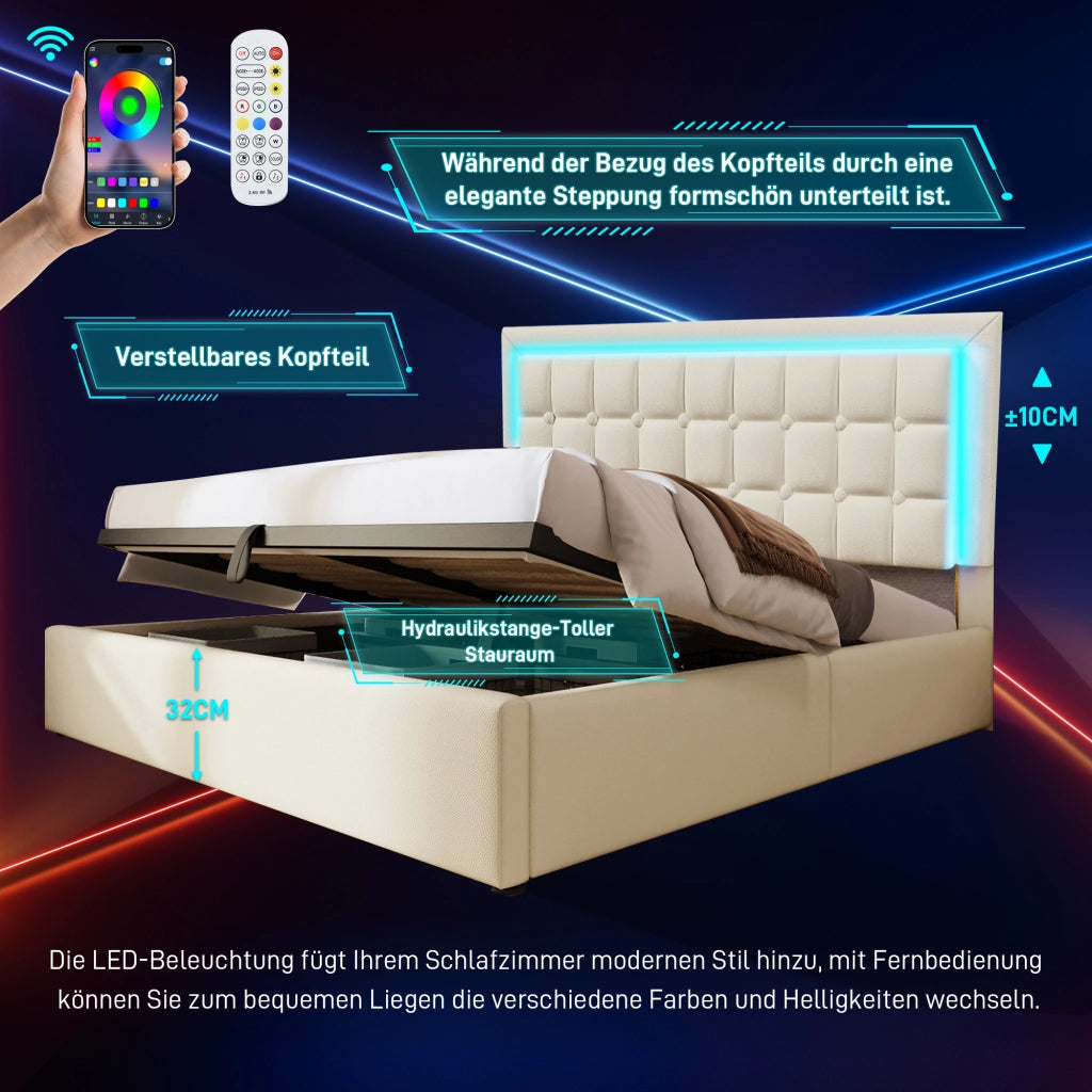 Letto matrimoniale in similpelle bianco 160x200 LED doghe vano senza materasso