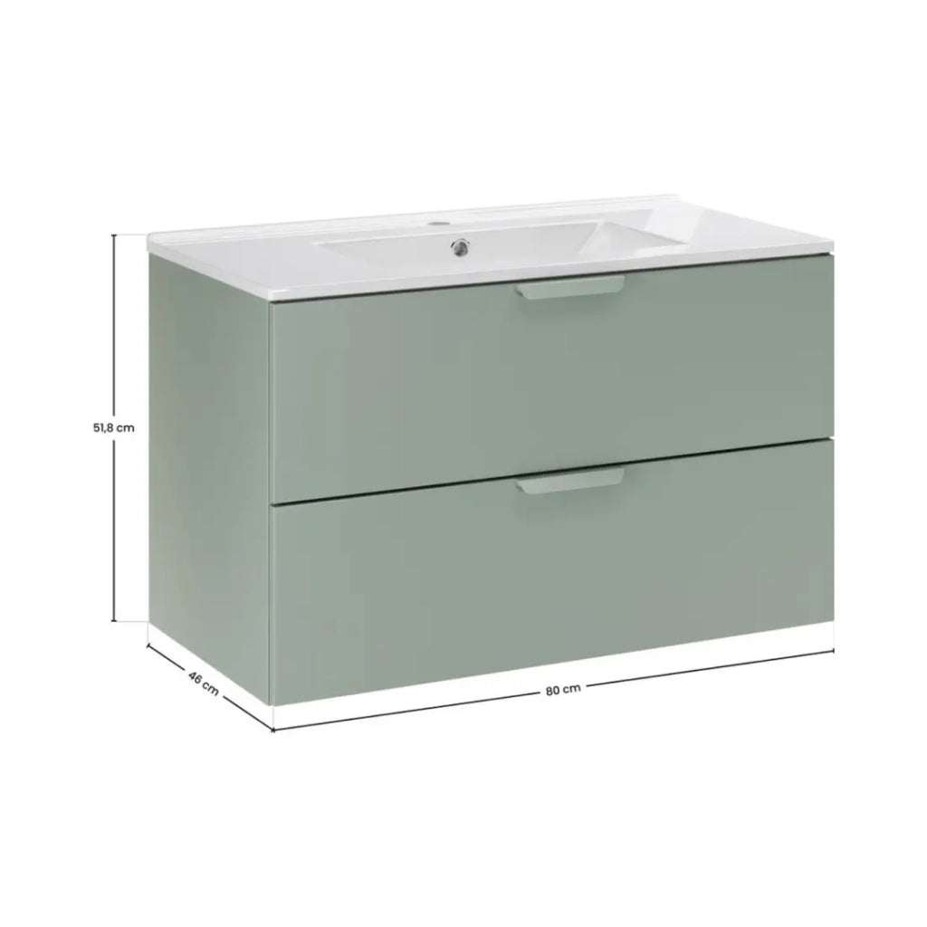 Set bagno sospeso OSTER 80cm: mobile sottolavabo con cassetti verde salvia + lavabo incassato bianco