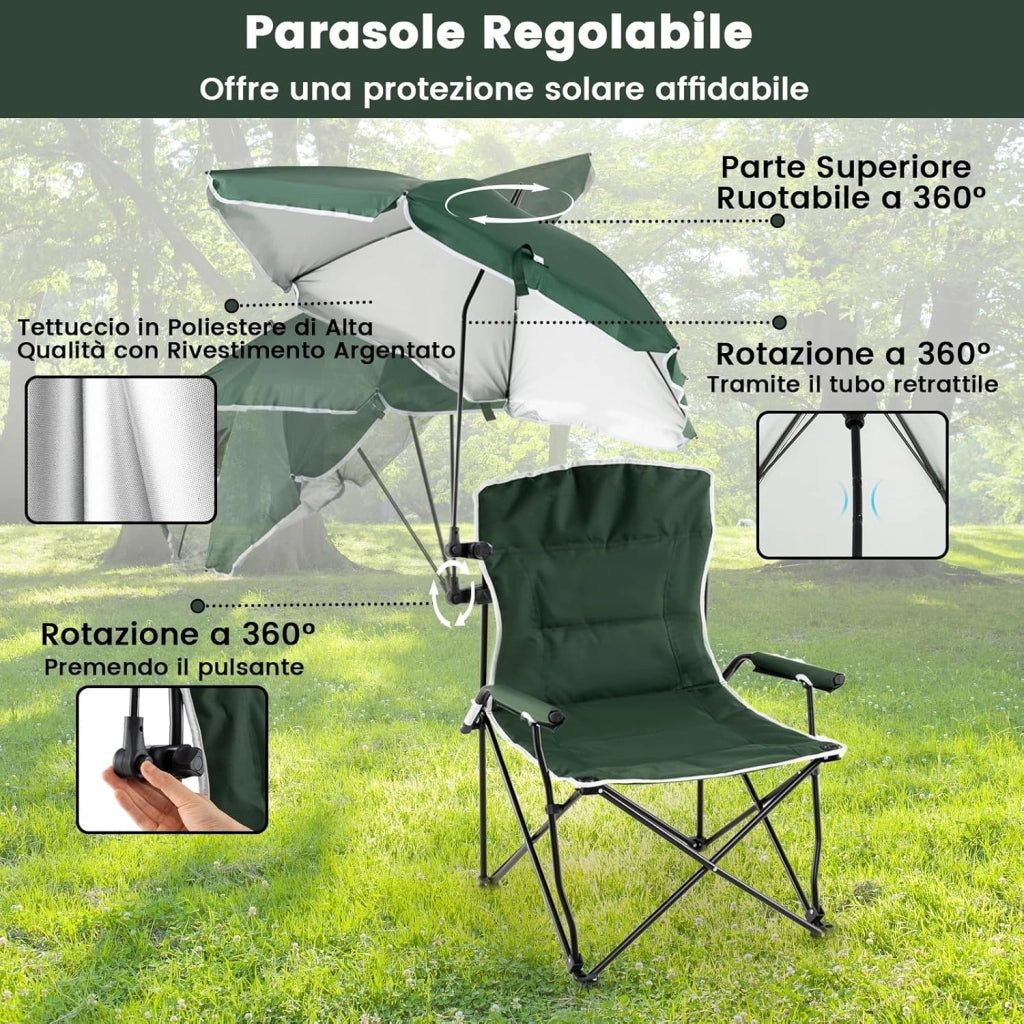 Sedia da Campeggio con Ombrello Regolabile, Sedia da Giardino Imbottita con Borsa e Tettuccio Parasole, Poltrona Pieghevole per Spiaggia, Pesca, Sport, Portata 160 kg