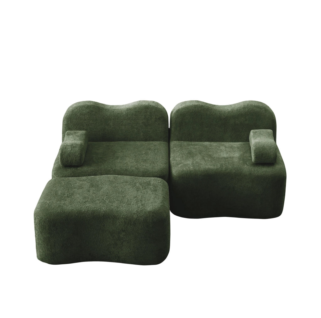 Divano angolare modulare in velluto verde con pouf; 192x167x70 cm; senza montaggio