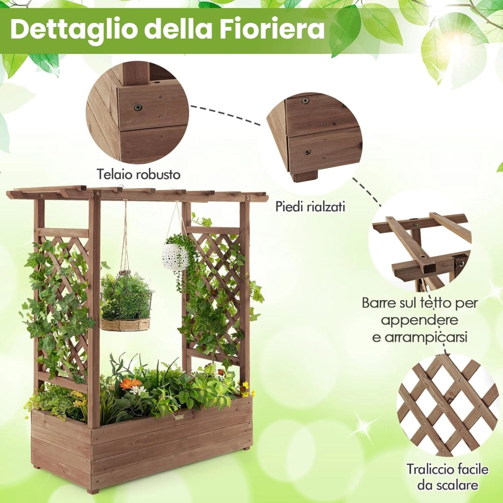 Fioriera da Esterno con Grigliato, Letto Rialzato da Esterno per Piante Rampicanti con Traliccio e Fori di Drenaggio, Aiuola Elevata da Giadino e Cortile, 100 x 44 x 113,5 cm (Marrone)