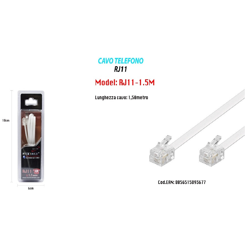 Trade Shop - Cavo Prolunga Telefonica Rj11 1.5 Mt Collegamento Telefonico Modem Maxtech Rj11-1.5m -