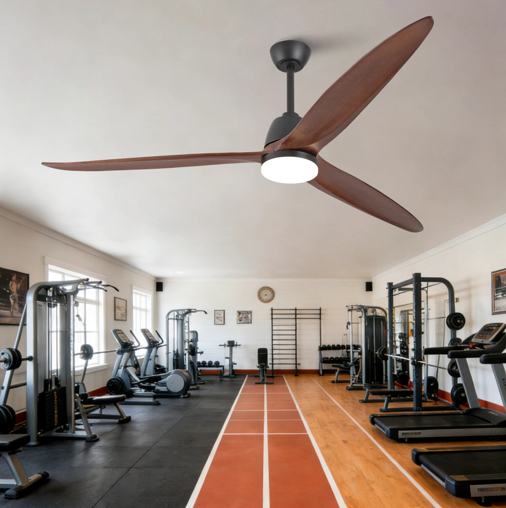 Ventilatore da soffitto 72" con luce LED, 3 pale in legno massello, motore DC reversibile, nero