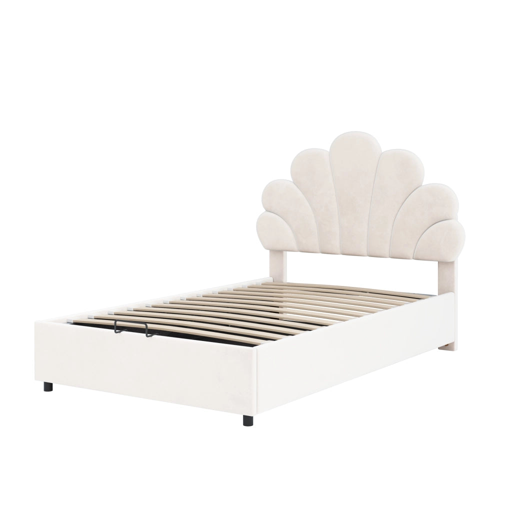 Letti contenitori 90x200 cm; contenitore idraulico; velluto; beige (Senza materasso)