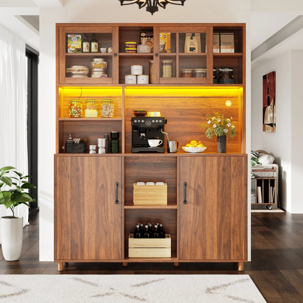 OKWISH Credenza Alta con 2 Ante Scorrevoli e 3 Ripiani Regolabili, LED e USB, per Cucina, MDF, Noce, 140×40×185 cm