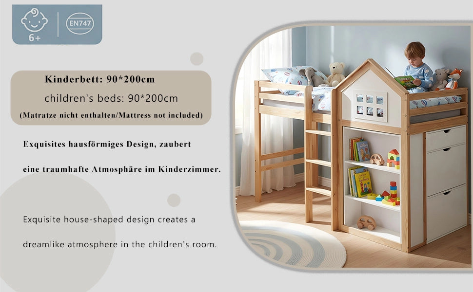 Letto a soppalco con cassetti e scala, 90x200 cm, bianco/naturale