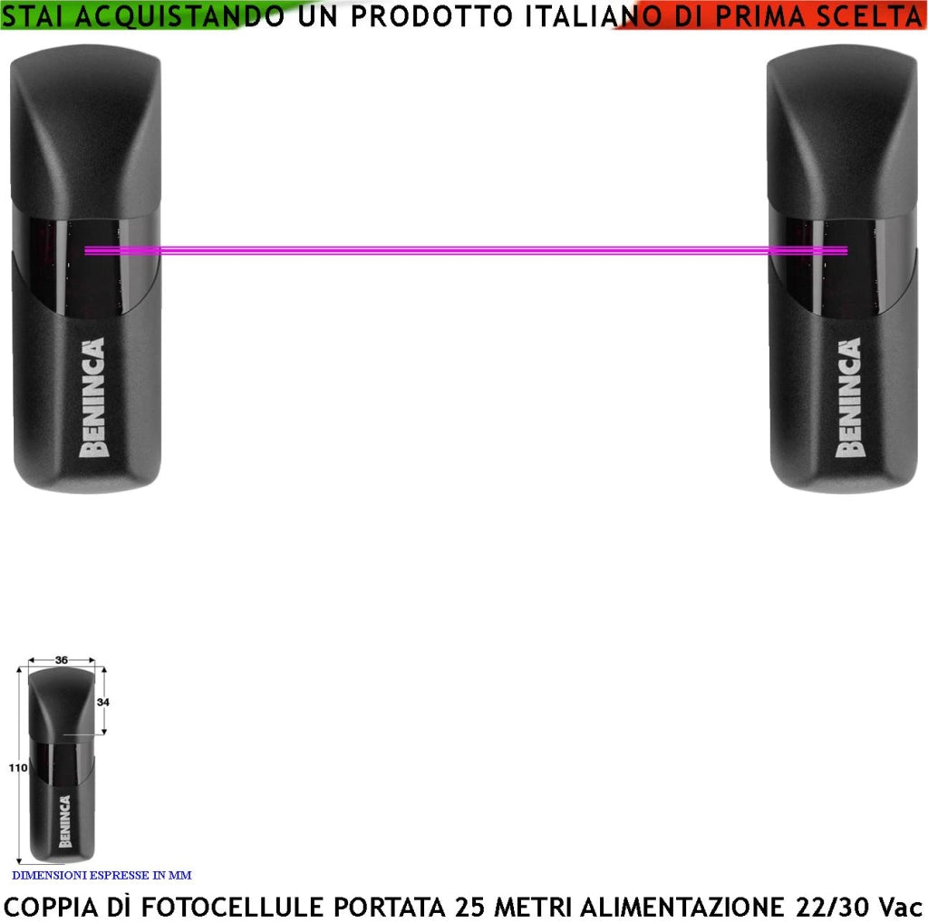 Coppia Fotocellule Pupilla Benincà Controllo di Sicurezza per Cancello Elettrico Portata 25 Metri Lineari Montaggio a Parete o Palina Alimentazione 24/30 Vac