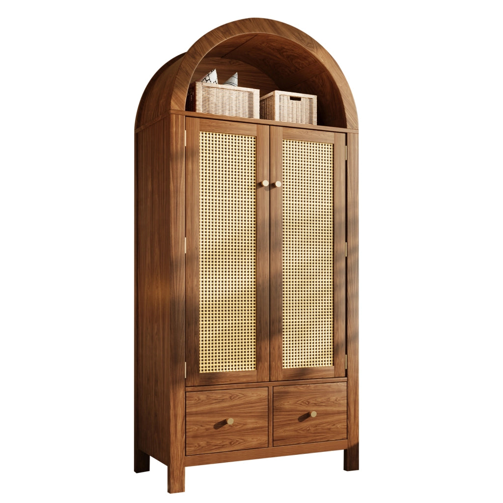 Armadio guardaroba 78x45x181 cm con ante ad arco e intreccio in rattan; MDF e metallo; noce