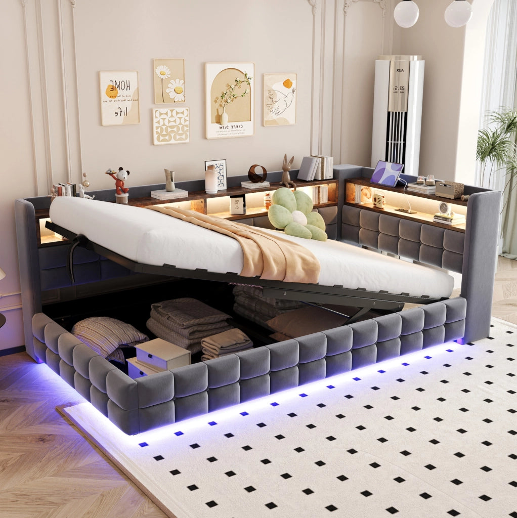 Letto imbottito multifunzione 90x200 cm con contenitore; LED; USB e presa; grigio