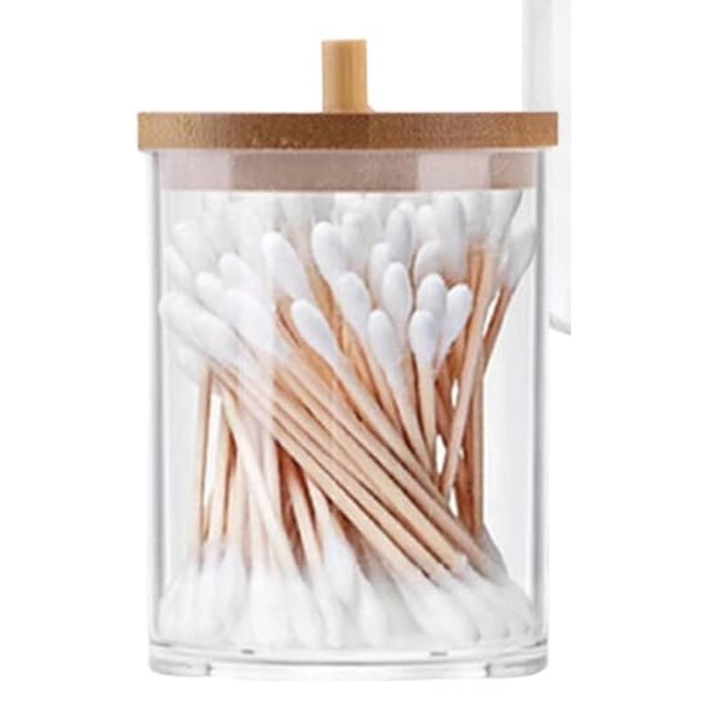 Trade Shop - Contenitore Porta Cotton Fioc Organizer Trasparente Con Coperchio In Legno 7.1x10.3cm 10821 -