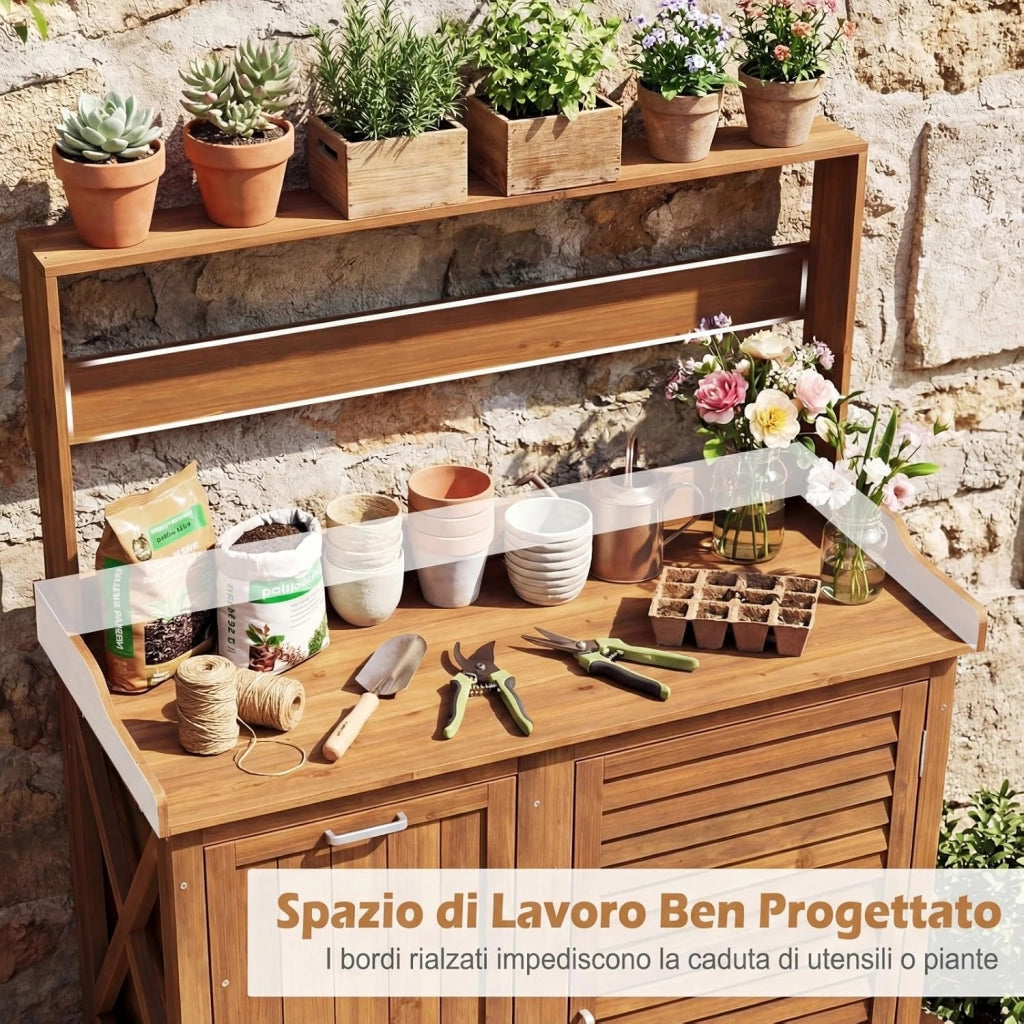 Tavolo da Giardinaggio, Armadietto da Esterno in Legno Massello con Ripostiglio, Ripiani Rimovibili e 2 Ante, Tavolo da Lavoro per Piante da Giardino, Prato e Cortile