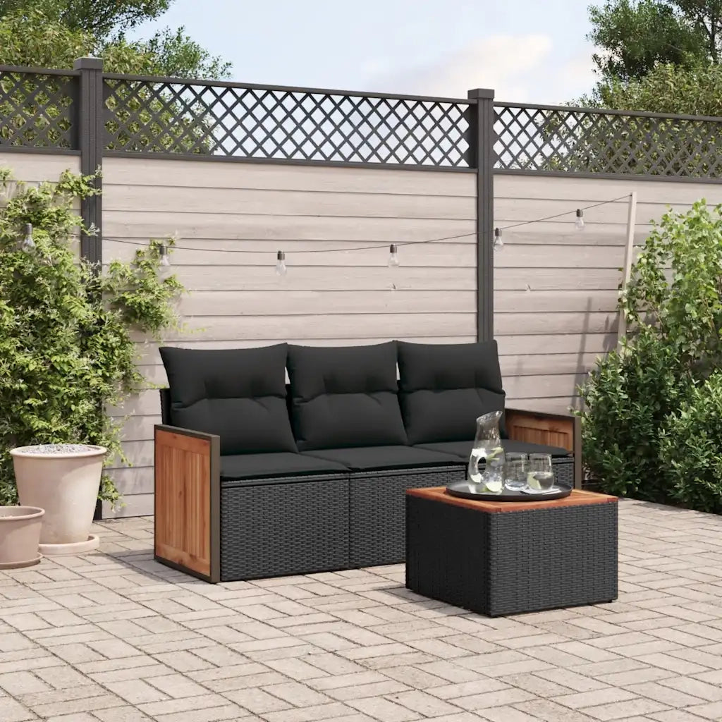 Set Divani da Giardino 4 pz | Set Salotto da Giardino con Cuscini Nero in Polyrattan