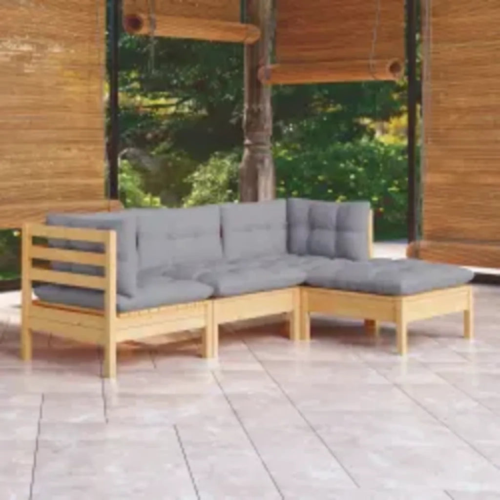 Set Divani da Giardino 4 pz | Set Salotto da Giardino con Cuscini Grigi Massello di Pino