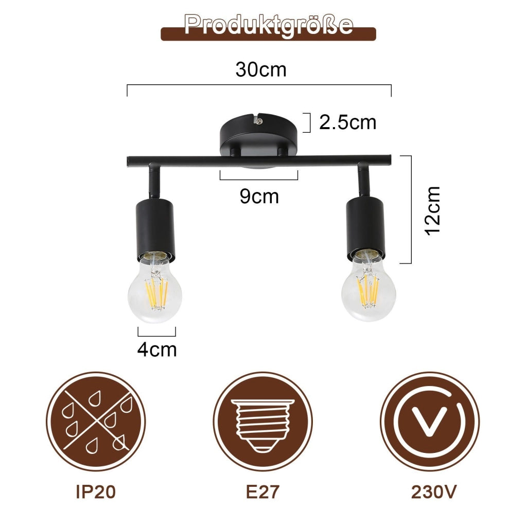 ZMH Faretto da soffitto LED neri 2 luci E27 girevoli 350° vintage stile industriale senza lampadina