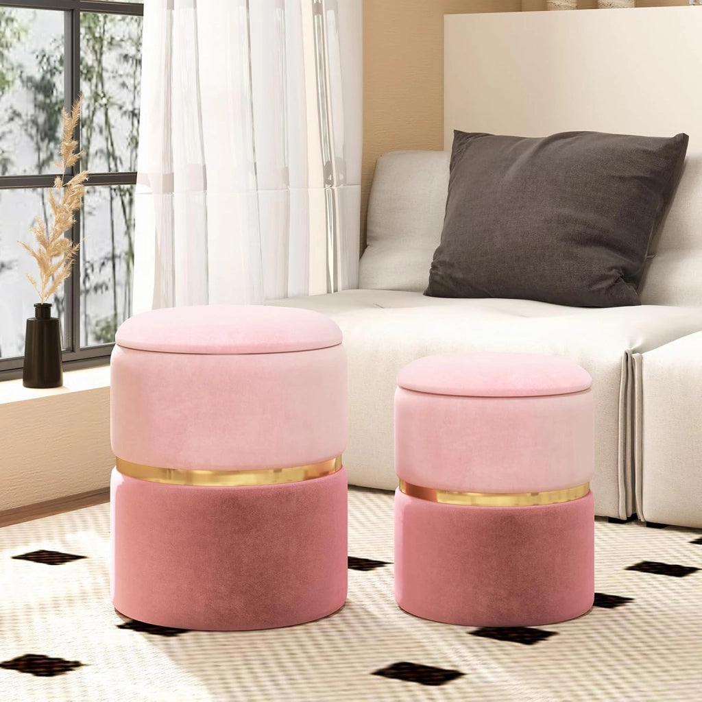 Set di 2 Pouf Contenitore in Velluto, Pouf Rotondi Imbottiti da 32L +21L, Sgabelli con Contenitore per Soggiorno, Camera da Letto, Portata 150 kg (Rosa)
