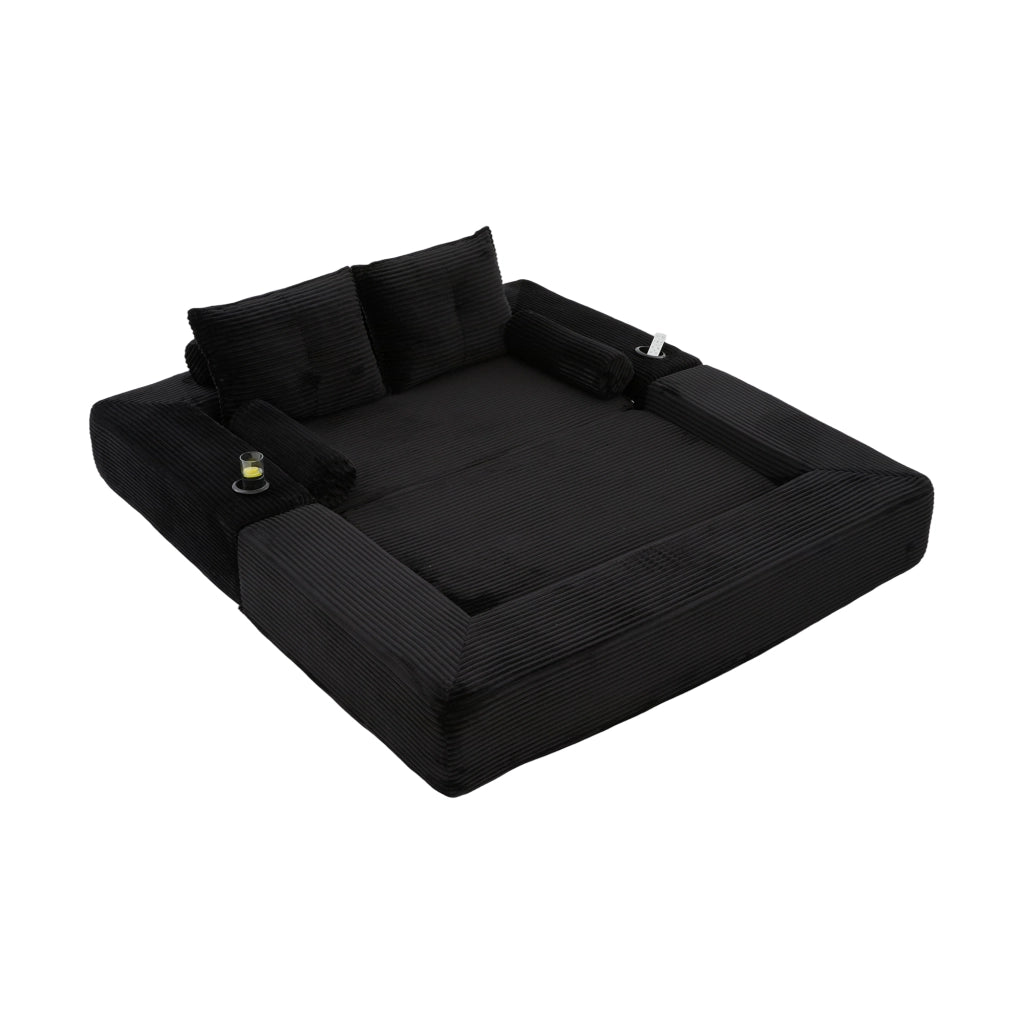 Divano letto multifunzione velluto a coste nero con memory foam, tasche e porta bicchieri