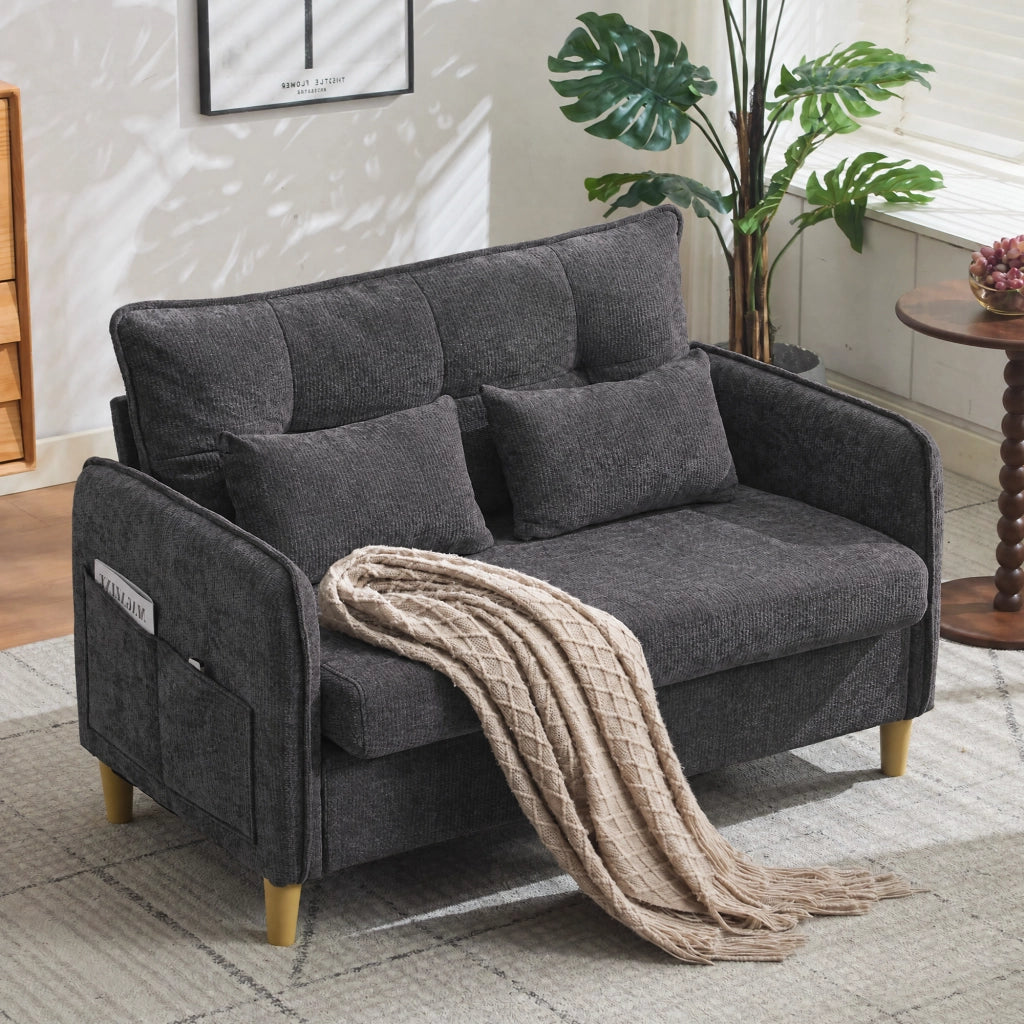 Divano 2 posti in ciniglia grigio scuro con tasche laterali; 127 cm