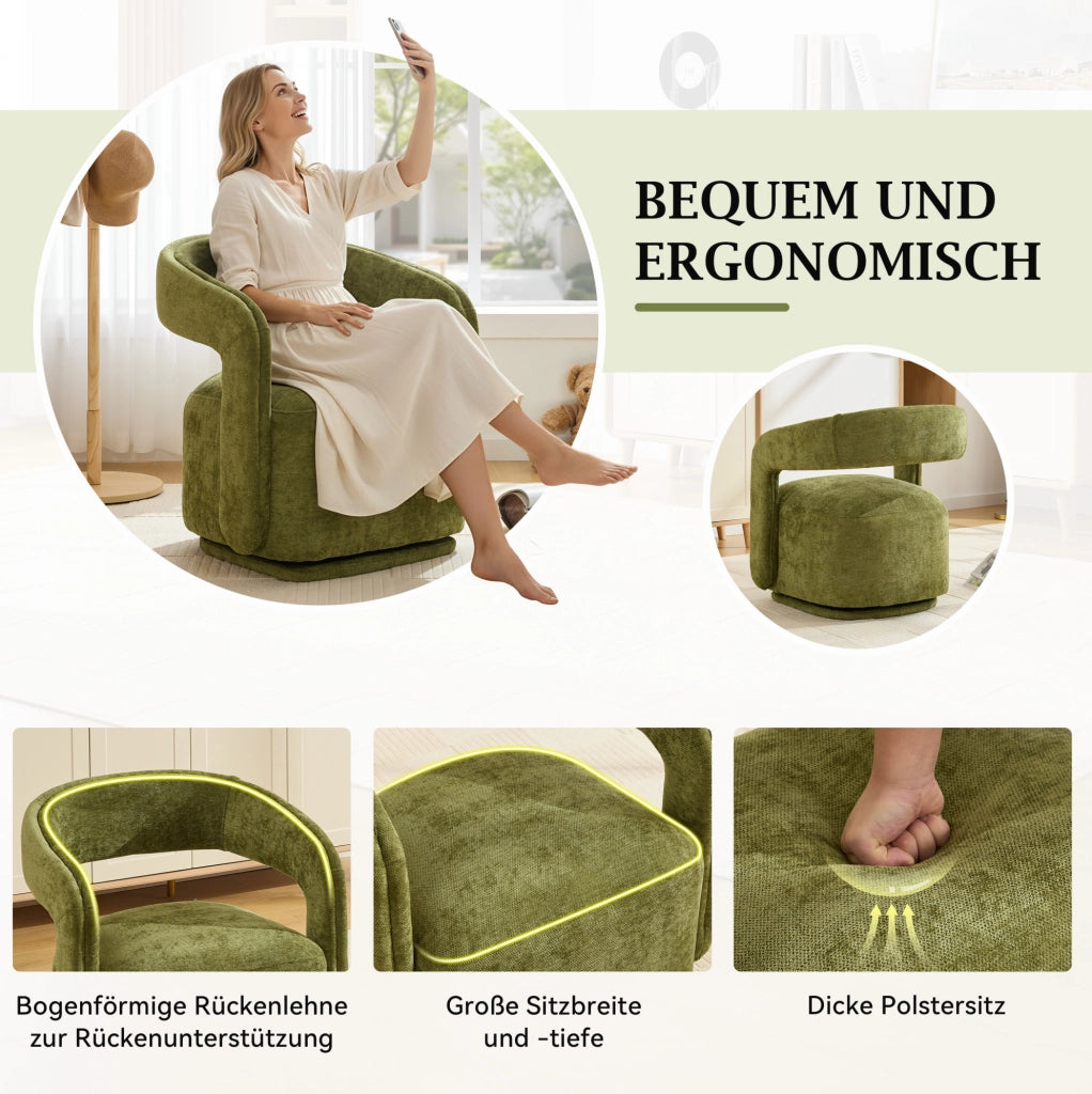 Poltrona girevole 360° in chenille verde, design Barrel Chair