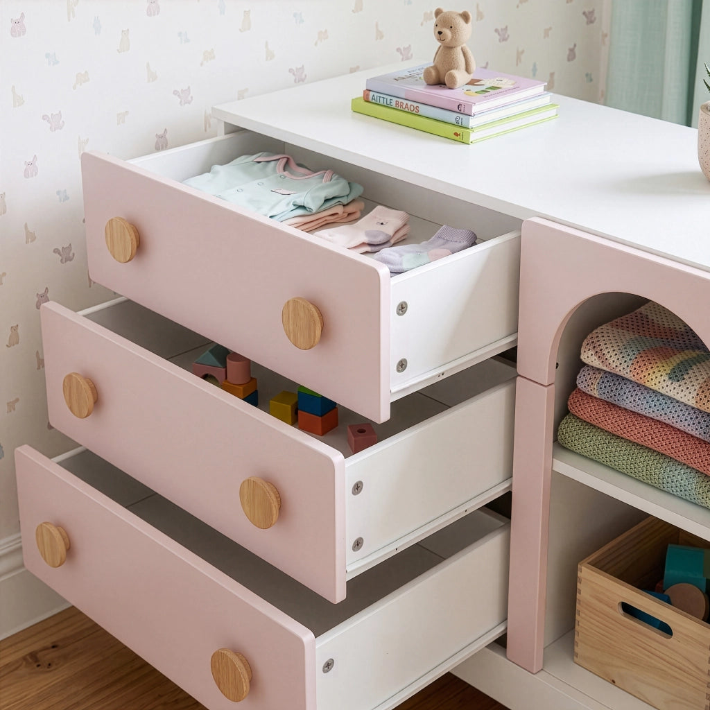 Cassettiera Vaarentaa per Cameretta con 3 Cassetti e 2 Vani Aperti 79x41x66 cm - Bianco/Rosa [en.casa]