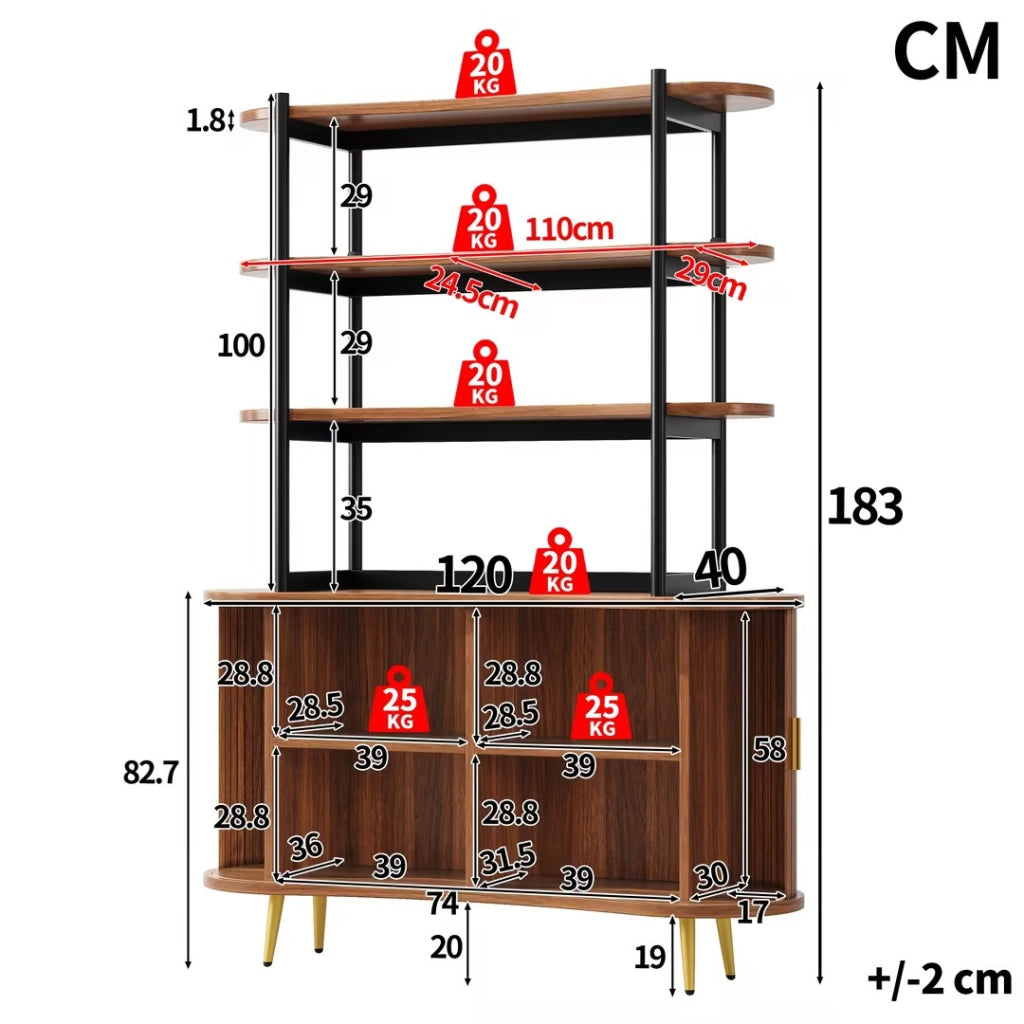 Credenza con ante a serranda e 4 ripiani - per soggiorno - in MDF - 120x40x183 cm - legno