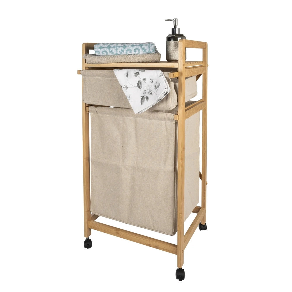 Trade Shop - Mobiletto Cesto Portabiancheria In Bambù Tessuto 42x33,5x84,5cm A 2 Scomparti Con Ruote -