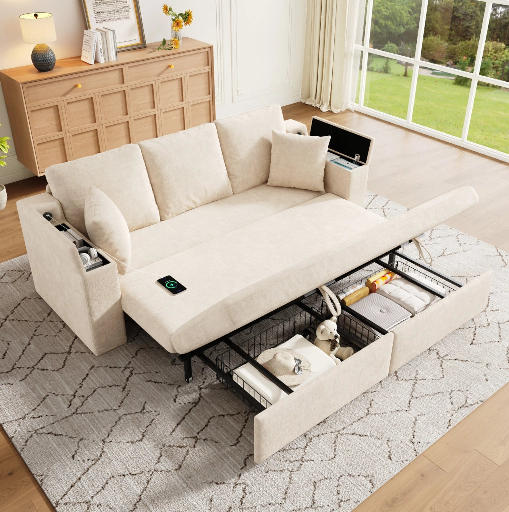 Sofa 3 posti con funzione letto; USB e Type-C; 210;5 x 192 x 93 cm; chenille beige