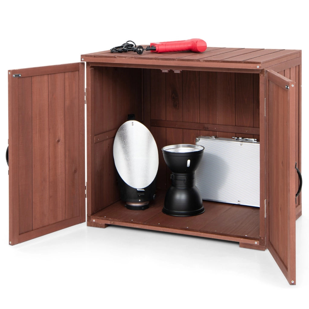 Capanno per attrezzi in legno di abete con 2 ante magnetiche per giardino patio, Organizzatore di utensili Marrone-Casette da giardino
