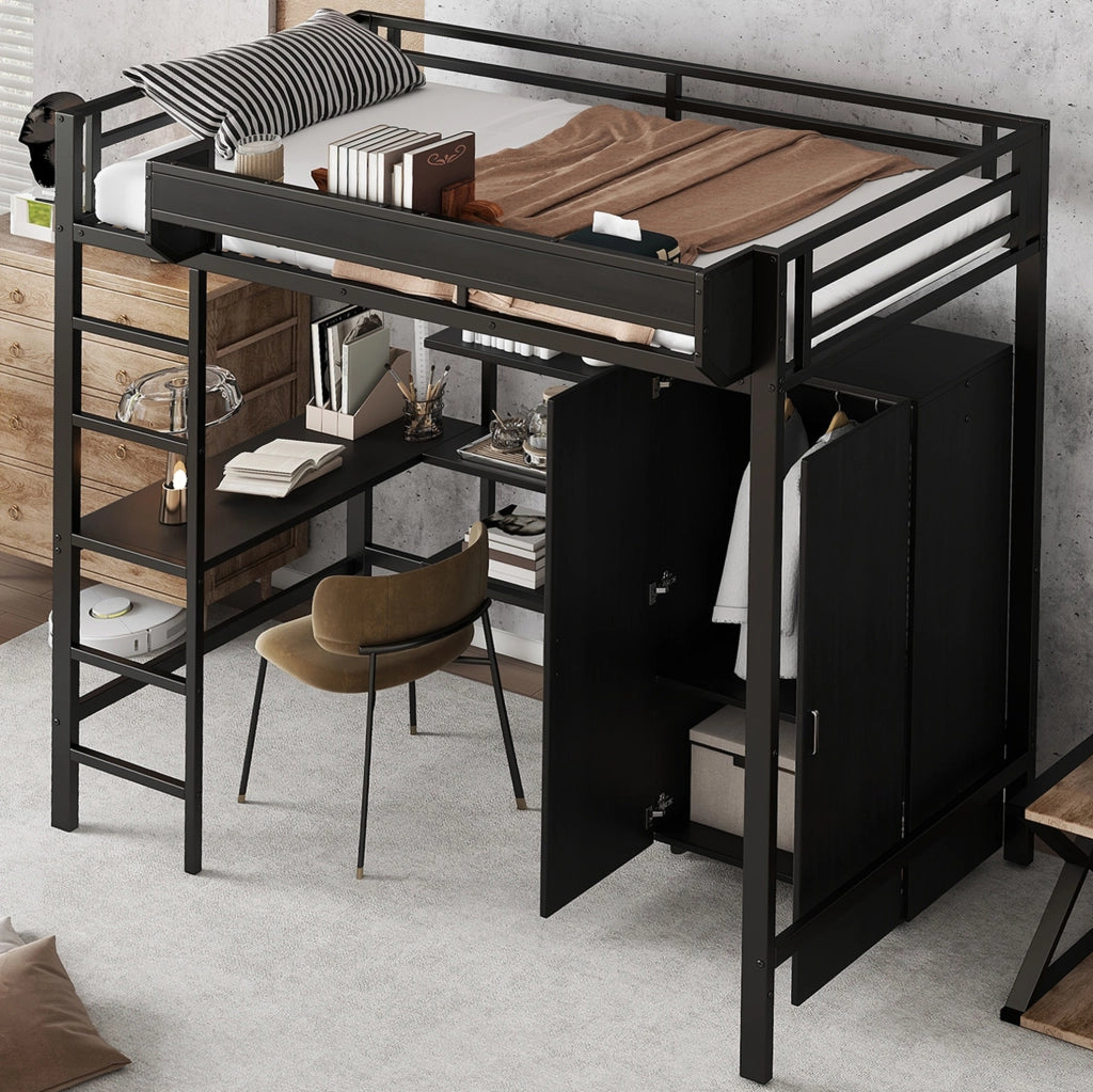 Letto a castello 90x200 cm con tavolo e armadio in metallo e pannello truciolare nero