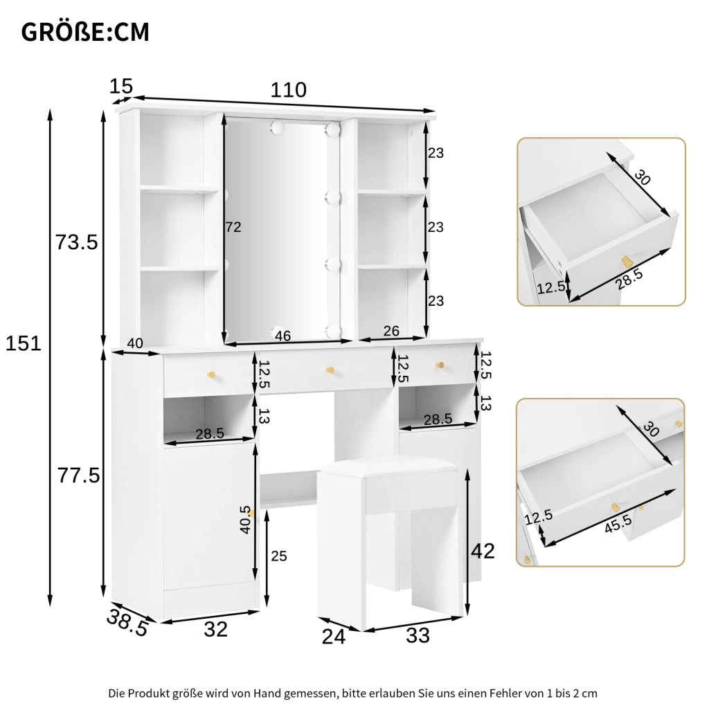Tavolo trucco con specchio e LED; 3 cassetti; 2 ante; 110x40x151 cm; bianco