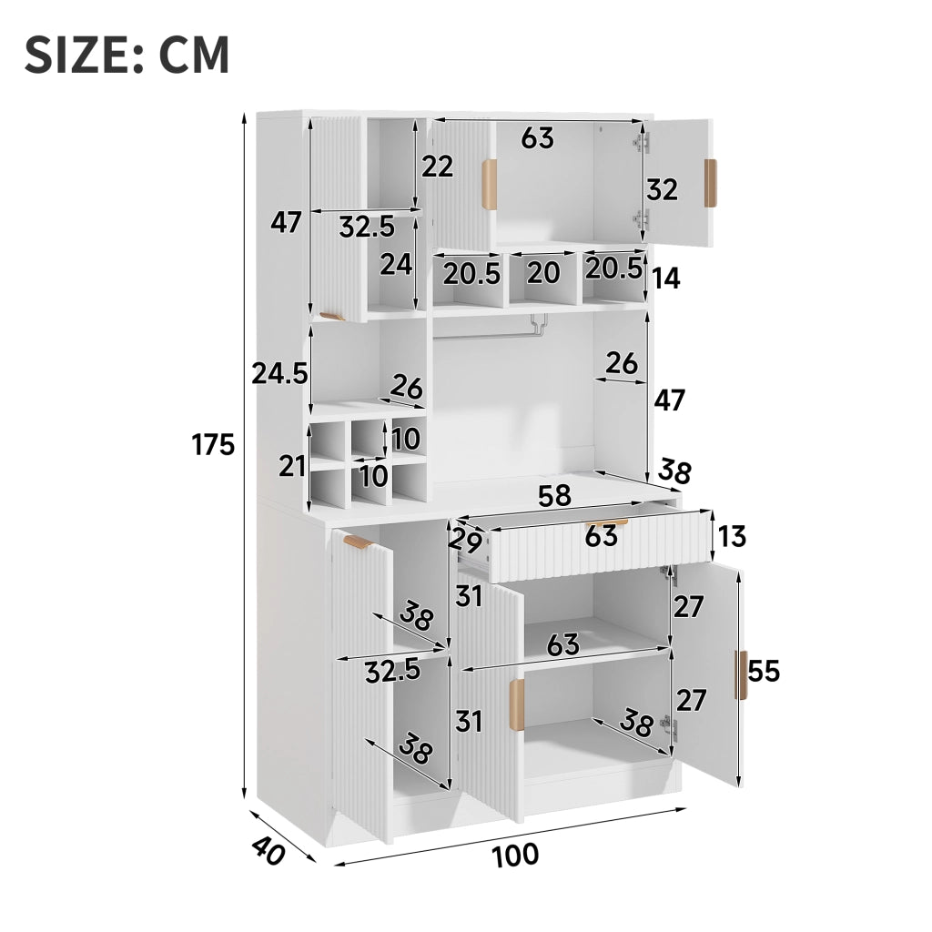 Mobile buffet alto 100x40x175 cm bianco, multi-livello, prese integrate, USB-A/USB-C e portabicchieri