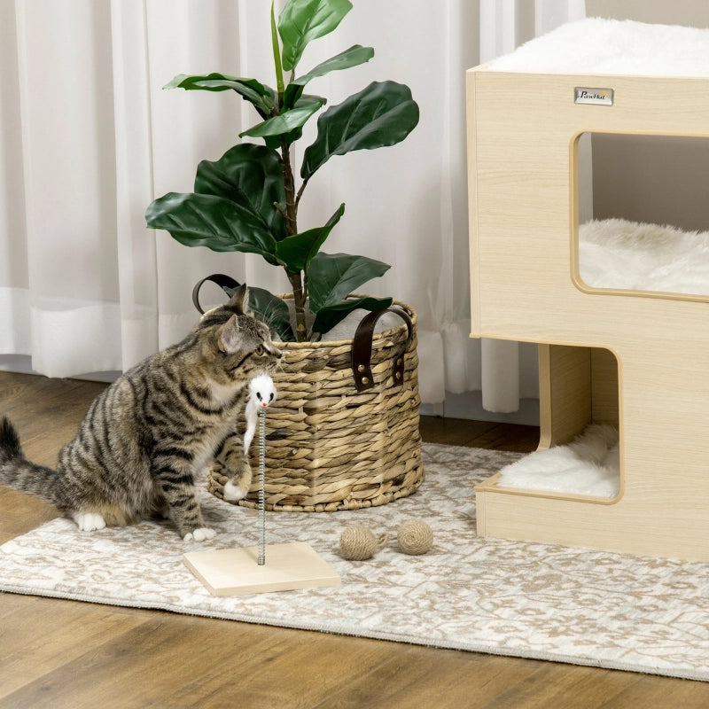 Torre per gatti a 3 livelli con cuscini e giocattolo a topo, 34 x 34 x 60 cm, colore quercia