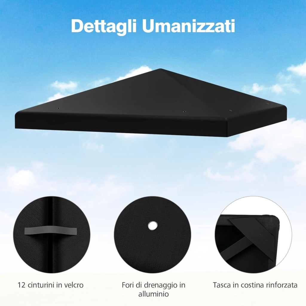 Tettoia di Ricambio per Gazebo da 3 x 3 m, Copertura per Gazebo da Giardino con Gancio e Chiusura a Strappo, Fori di Drenaggio (Nero)