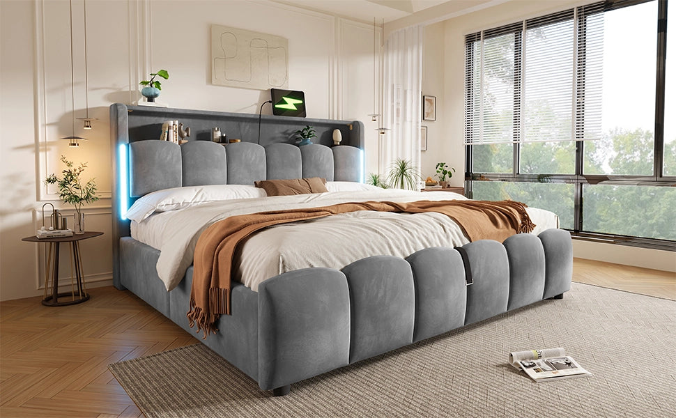 DESMIU Letto 180 × 200 cm 2 posti con LED, vano contenitore testiera, USB e Type-C, senza materasso, in velluto, grigio
