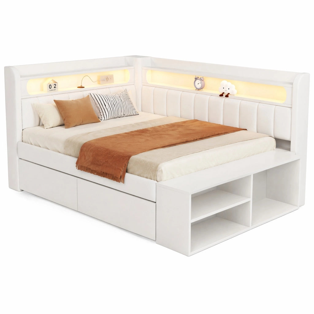Letto imbottito 90x200 cm bianco con LED 7 colori, USB, 2 cassetti e scarpiera