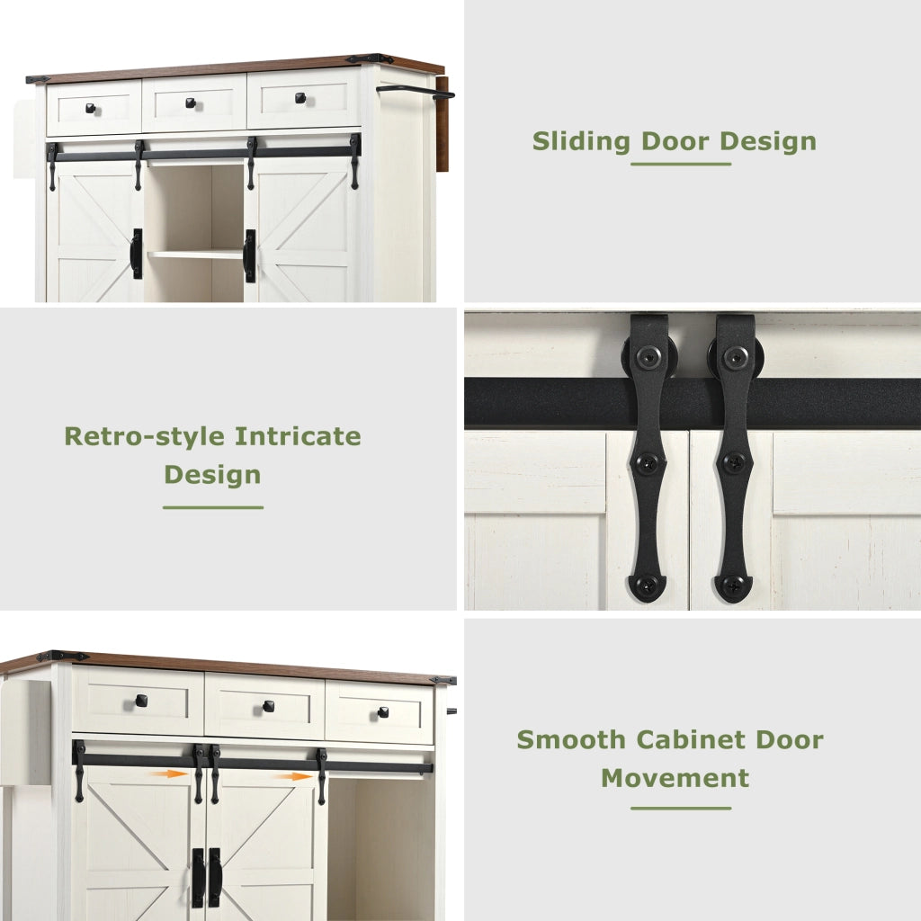 Carrello da cucina con 3 Cassetti; 2 Ante Scorrevoli; Piano Pieghevole e Ruote; in MDF; 140x45x94 cm; Beige