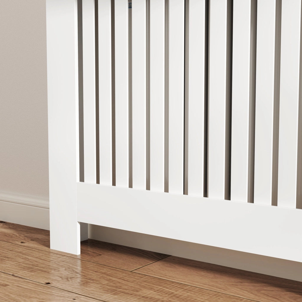 Copritermosifone a Doghe Antiribaltamento 112x19x97 cm con Vano Contenitore in Legno Bianco