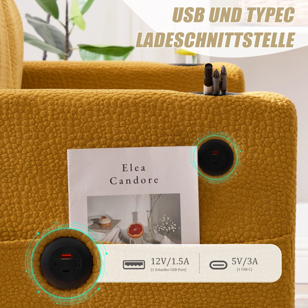 DIVANO 2 posti con USB-C e LED 203x77,5x86 cm Chenille giallo senape