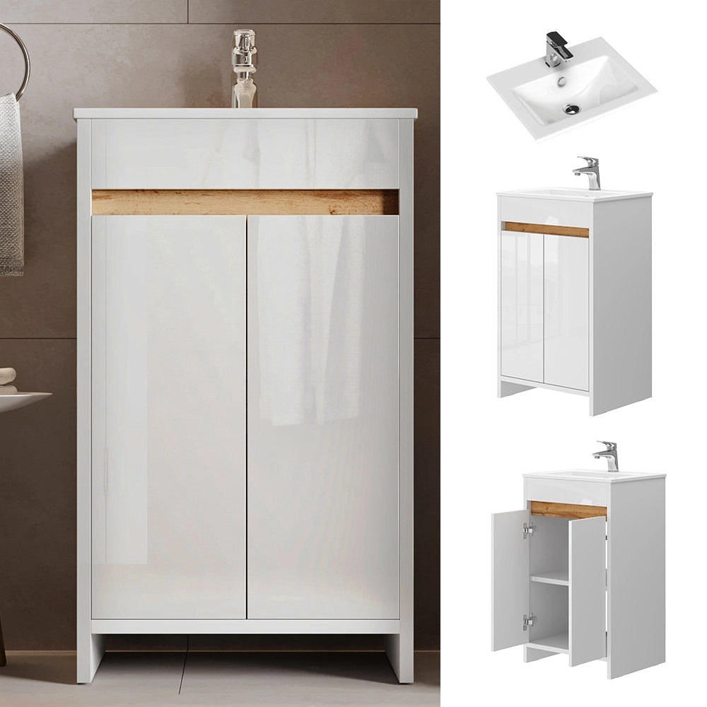 Vicco Set mobili bagno Bianco lucido 2 parti, con lavabo e 2 ante a battente