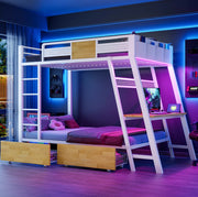 Letto a castello in metallo 90x200 cm con scrivania integrata; LED e vani contenitore; bianco