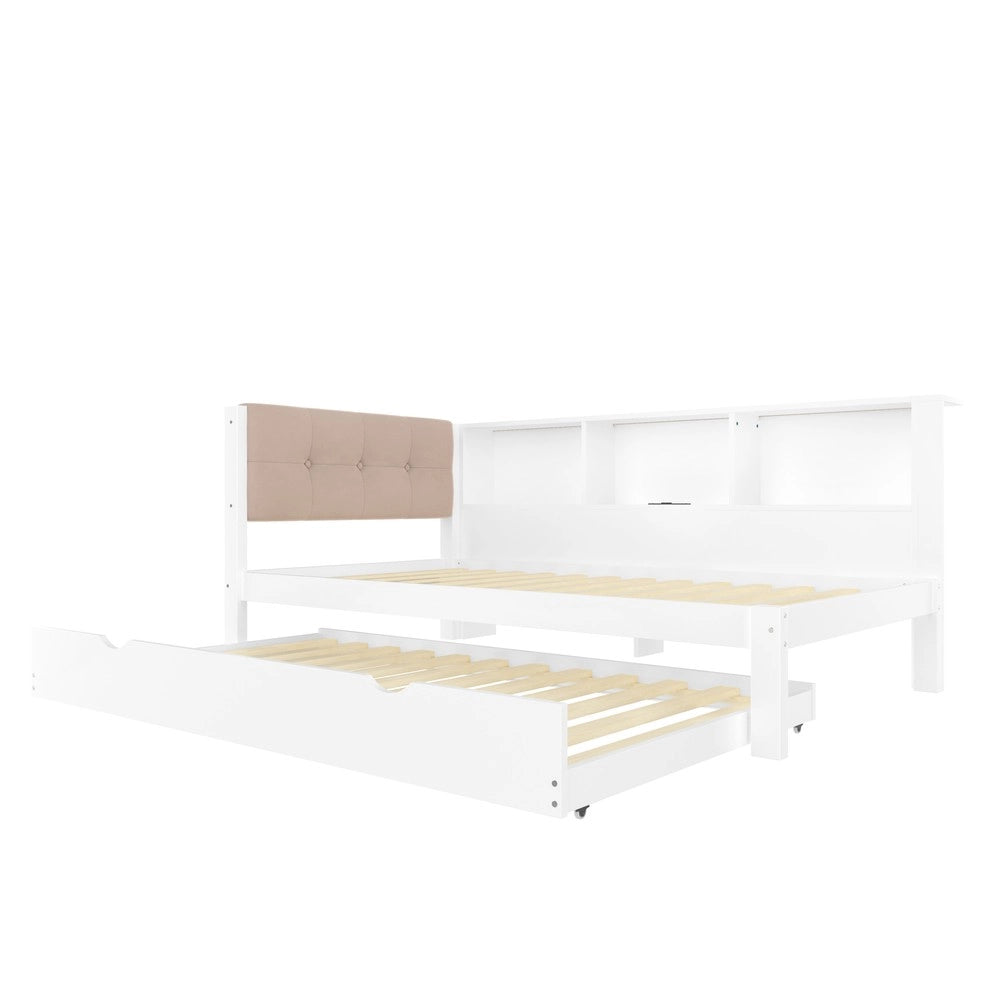 Letto Singolo con Rete Estraibile, LED e Ripiano ¨C MINIMAL ¨C Pino Bianco 90x200